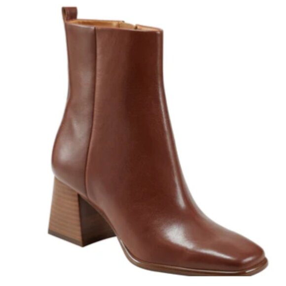 Marc Fisher Floria Square Toe Bootie Block Mid-Heel Tan Leather 9.5 New w. Box ! - Picture 2 of 11